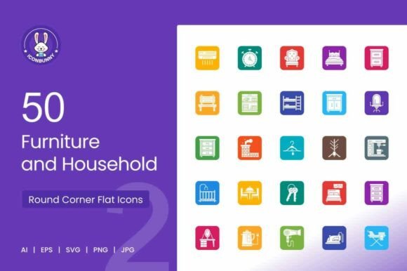 Furniture Household Round Corner Flat Icons for Branding