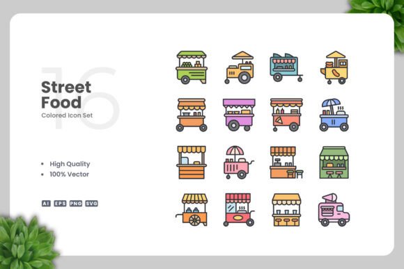 Street Food Colored Icons for Local Business Branding